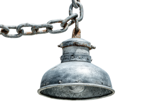 Old industrial metal lamp hanging from a heavy rusty chain.