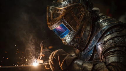 Welder repairing medieval knight armor with sparks flying in dramatic fantasy scene
