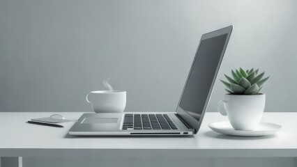Fototapeta premium Minimalist workspace setup with laptop, cup of coffee, and succulent