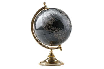 Elegant black and gold terrestrial world globe on a stand.