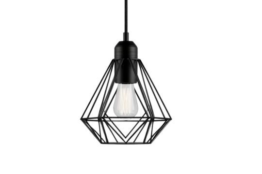 Modern black wire cage pendant light fixture isolated on white.