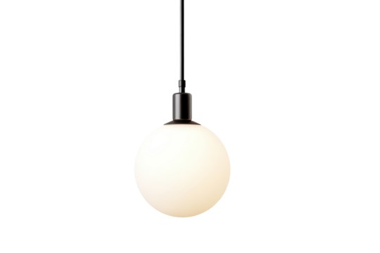 A single glowing round light bulb hanging from a black cord.