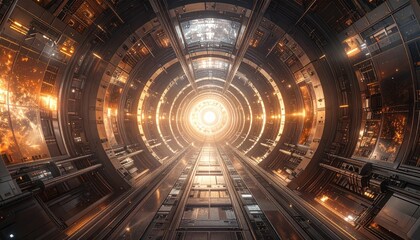 A futuristic tunnel, lit by glowing, warm light, stretches into the distance, lined with intricate metallic panels.