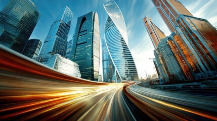 Fototapeta premium Modern City Skyscrapers with Dynamic Light Trails in Downtown Urban Area