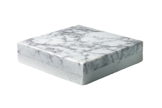 Square block of white marble with grey veins isolated.