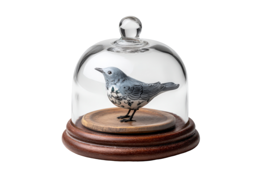 Decorative bird figurine under a glass cloche dome. - Powered by Adobe