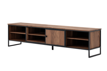 Long wooden industrial style TV stand with metal legs isolated.
