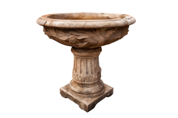 Antique weathered stone garden urn with ornate carvings on a pedestal.