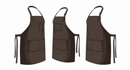 Three Dark Brown Aprons with Adjustable Straps and Pockets.