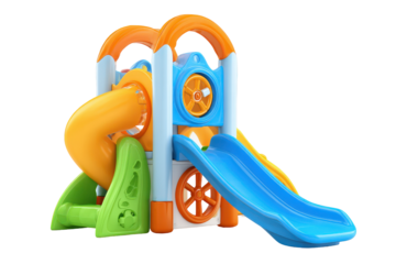 Colorful plastic childrens playground set with slide and tunnel.