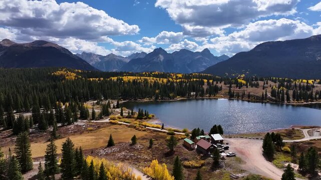 Million Dollar Highway Autumn Drive with Lake and Aspen Aerial