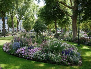 Obraz premium Lush Flowerbed in Parisian Park, Trees and Architecture Backdrop