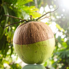 Green coconut with brown top, tropical setting