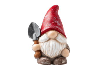 Charming garden gnome figurine with a red hat holding a shovel.