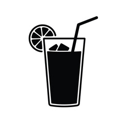 Simple black and white icon of a refreshing drink with lemon and ice
