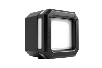 A modern black cube shaped electronic device with a bright white screen.