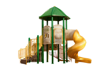 Childrens outdoor playground equipment with slide and tower isolated.