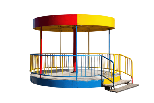 Colorful childrens merry go round playground equipment isolated on white.