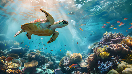 Sea turtle swims over vibrant coral reef with sun rays