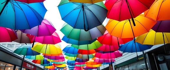 Obraz premium Colorful umbrellas create a vibrant canopy overhead in a public space during the rainy season, city, rainy season