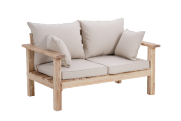 Two seater wooden patio sofa with comfortable beige cushions isolated on a white background.