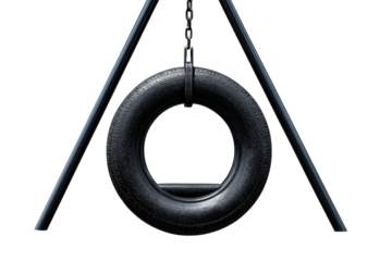 A classic black rubber tire swing hanging from a metal frame.
