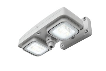 Modern dual head LED security floodlight with motion sensor.