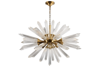 Modern luxury starburst chandelier with gold accents and crystal rays.