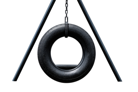 A classic black rubber tire swing hanging from a metal frame.