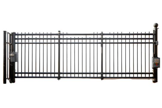 Black wrought iron sliding security gate isolated on white.