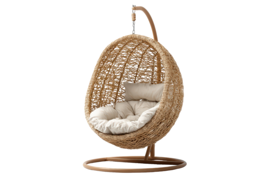 Stylish wicker hanging egg chair with stand and cushion.