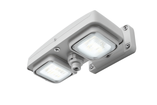 Modern dual head LED security floodlight with motion sensor.
