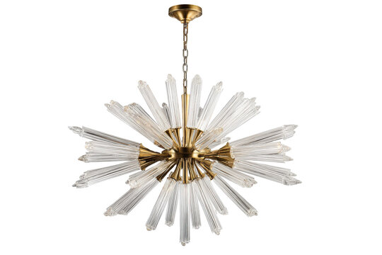 Modern luxury starburst chandelier with gold accents and crystal rays.