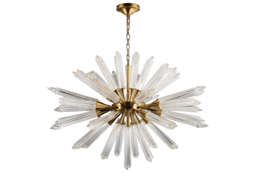 Modern luxury starburst chandelier with gold accents and crystal rays.
