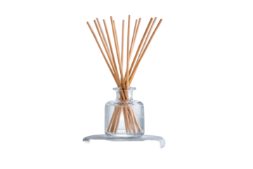 Aromatic reed diffuser with wooden sticks in a clear glass bottle.