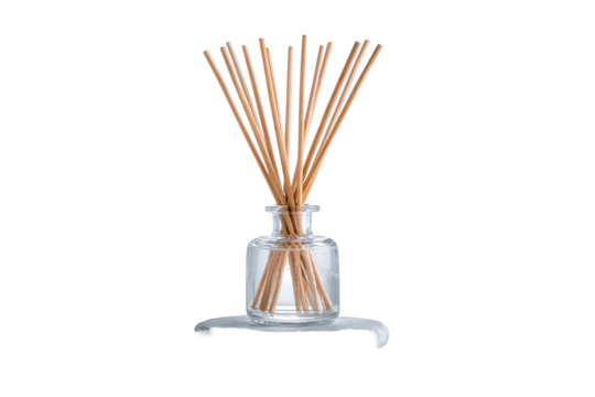 Aromatic reed diffuser with wooden sticks in a clear glass bottle.