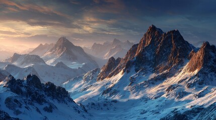 Majestic snow-covered rocky mountains at sunset, showcasing a breathtaking winter panorama with glowing peaks, serene sky, and peaceful alpine landscape capturing the beauty of nature in a tranquil ev