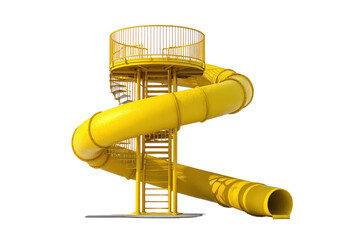 Tall yellow spiral tube slide with a climbing tower isolated on a white background.