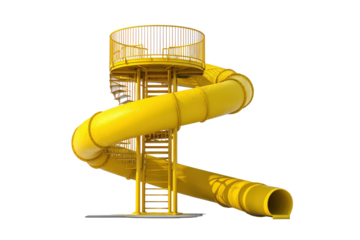 Tall yellow spiral tube slide with a climbing tower isolated on a white background.