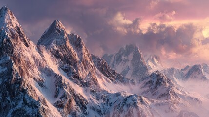 Fototapeta premium Majestic snow-covered rocky mountains at sunset, showcasing a breathtaking winter panorama with glowing peaks, serene sky, and peaceful alpine landscape capturing the beauty of nature in a tranquil ev