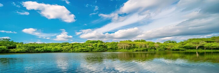 wide angle landscape, lush green foliage, tranquil lake, serene blue sky with fluffy white clouds, vibrant natural colors, detailed reflection on water, peaceful outdoor scene, highly detailed