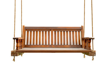 Classic wooden porch swing hanging from ropes isolated on a white background.