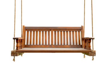 Classic wooden porch swing hanging from ropes isolated on a white background.