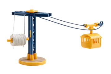A blue and yellow plastic toy cable car system with a winch and gondola.