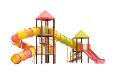 Colorful childrens playground structure with slides and towers isolated on a white background.