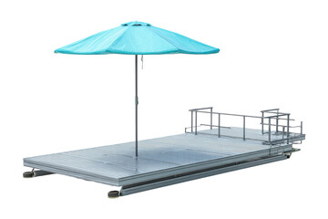 Floating pontoon swimming platform with a turquoise sun umbrella.