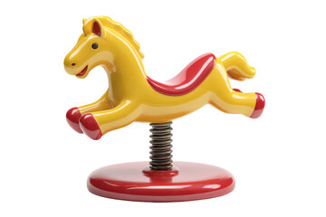 Classic Yellow Toy Horse on a Red Spring Base Isolated.