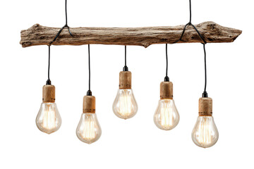 Rustic driftwood branch chandelier with five hanging light bulbs.