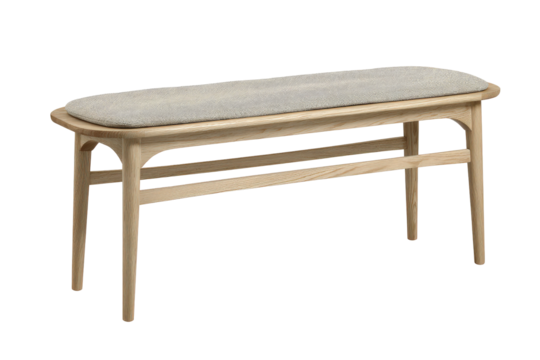 Modern wooden bench with a padded seat isolated on a white background.