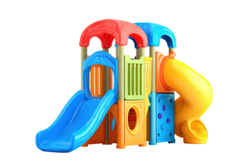 Colorful plastic childrens playground set with slide isolated on white.